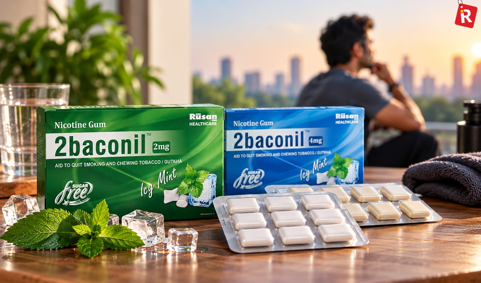 2baconil nicotine gum 2mg and 4mg packs with mint-flavoured gum pieces