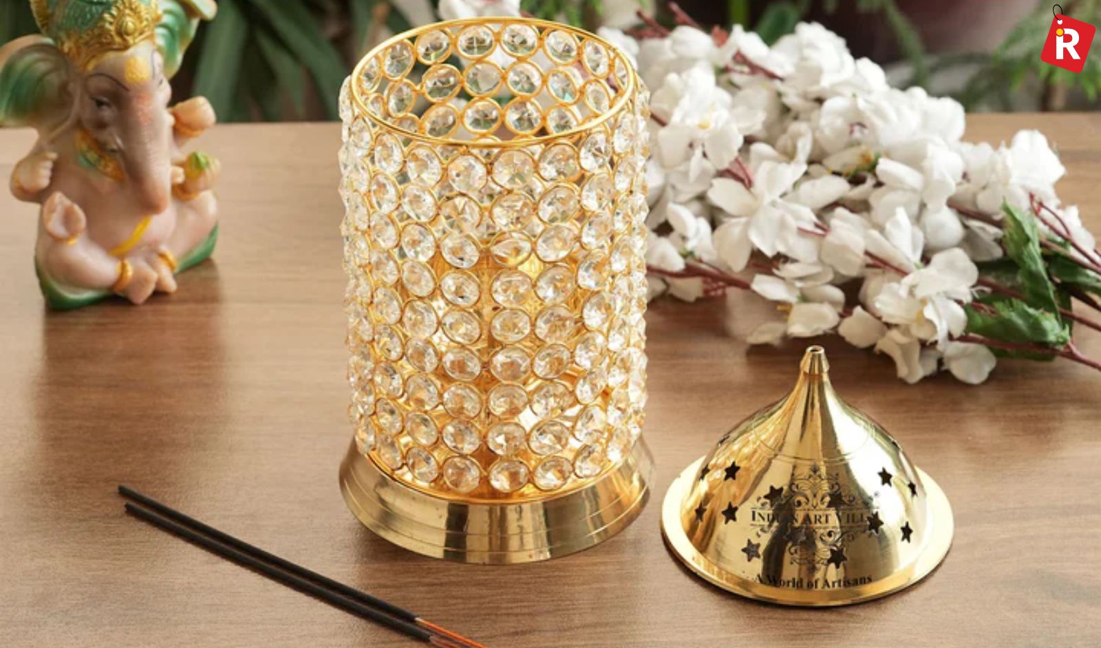 Brass Crystal Design Diya - Indian Art Villa 