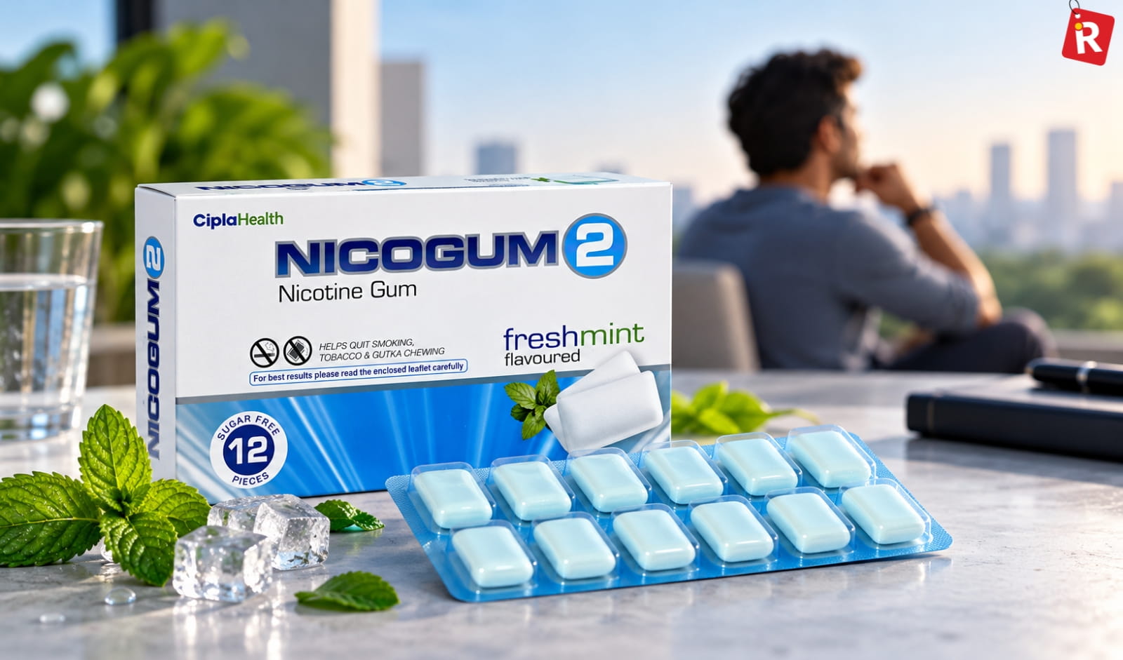 Nicogum 2 nicotine gum fresh mint pack with blue blister tray