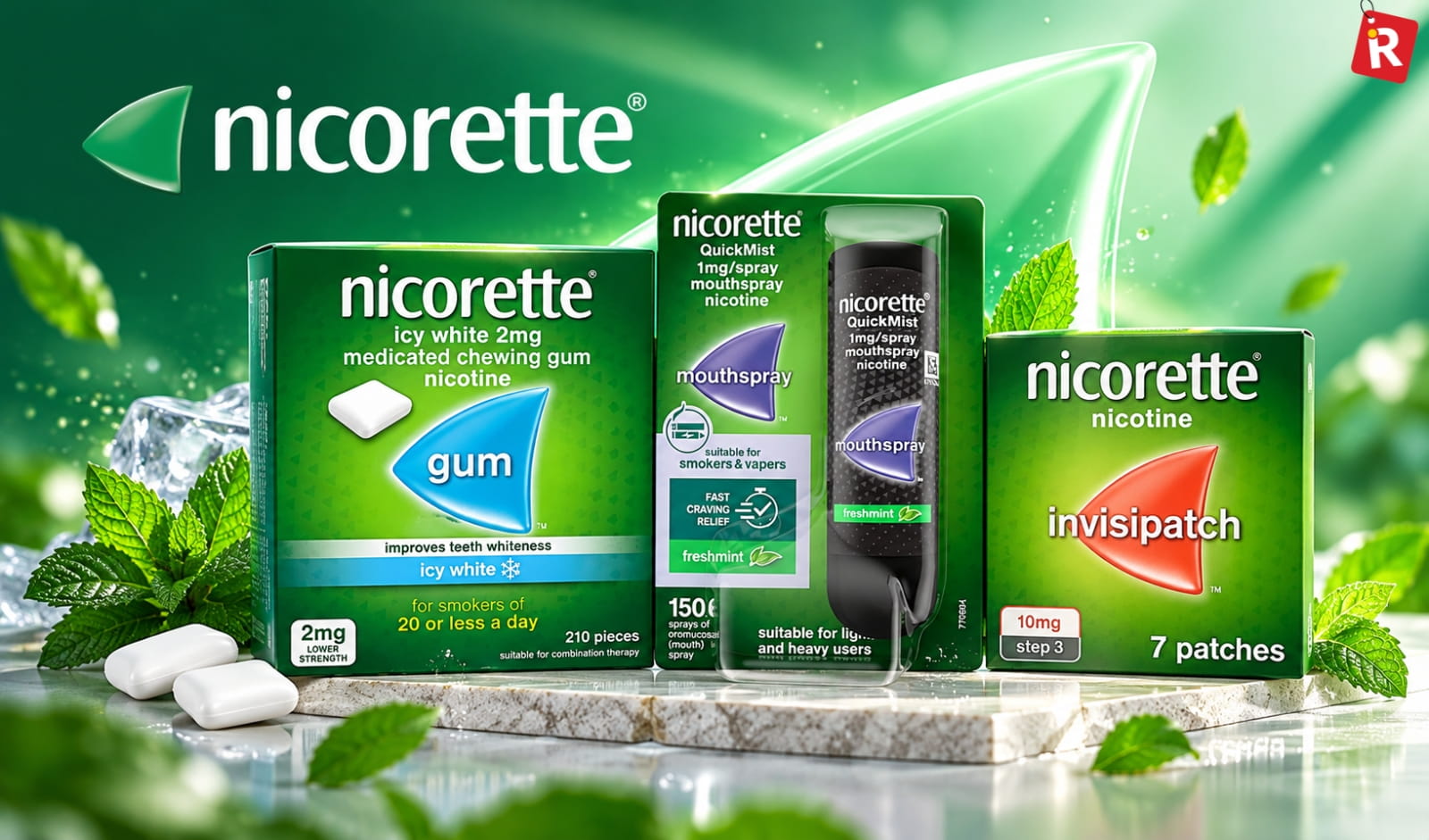 Nicorette nicotine replacement products featuring chewing gum, QuickMist mouth spray and InvisiPatch packaging