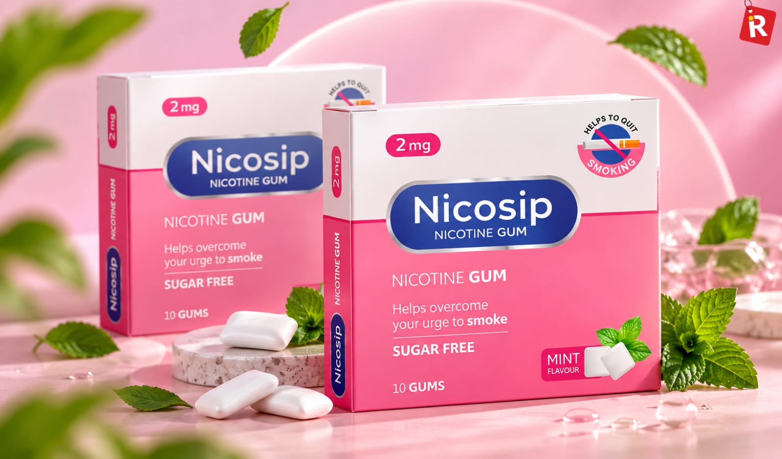 Nicosip 2mg nicotine gum packs with mint leaves and sugar-free gum pieces