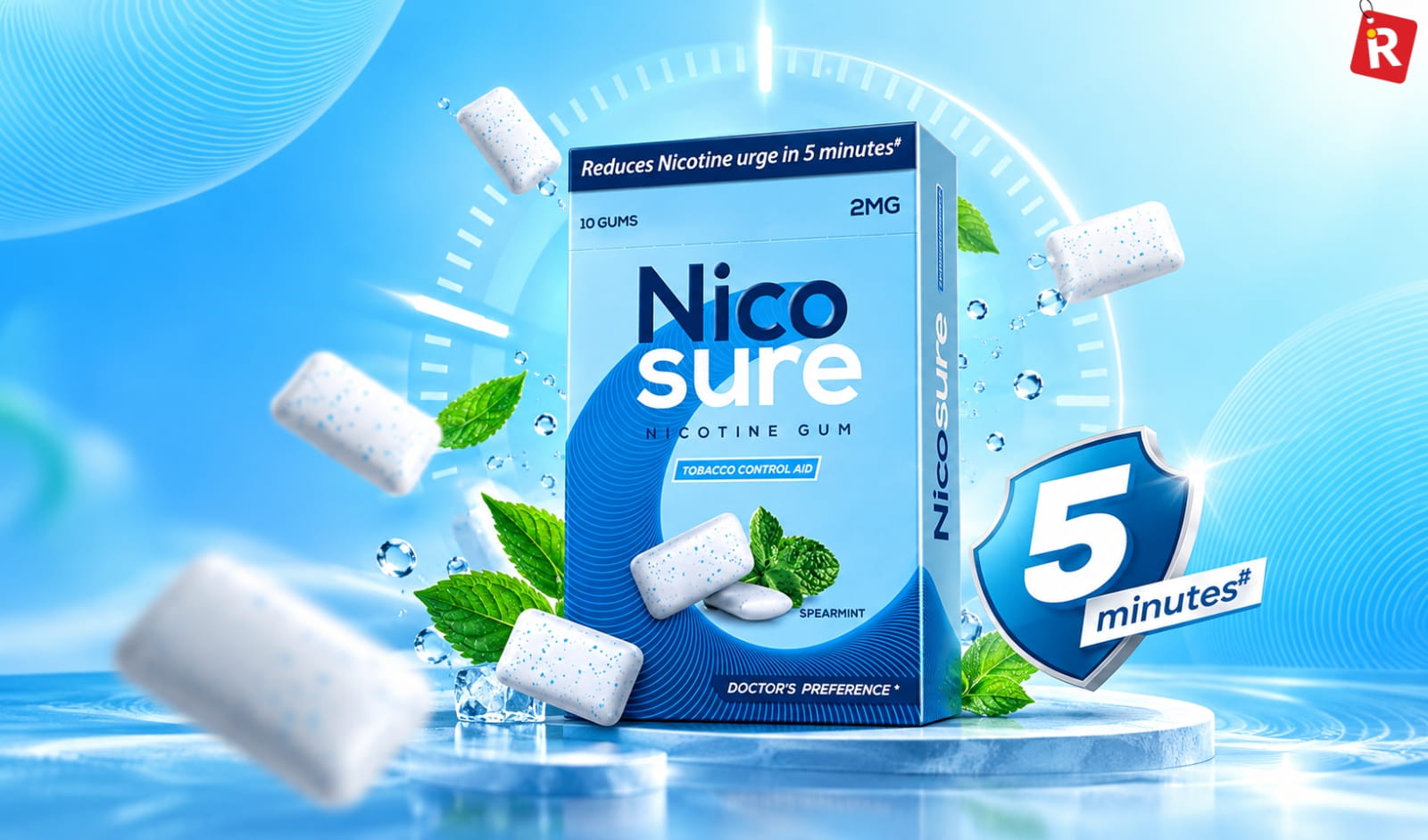 Nicosure 2mg nicotine gum pack with spearmint leaves and floating gum pieces