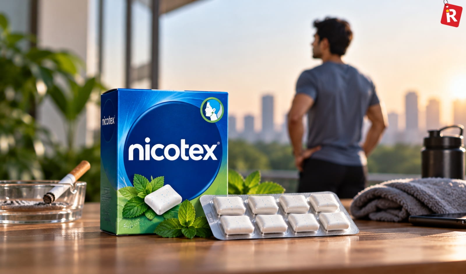 Nicotex nicotine gum pack with gum blister, mint leaves and product packaging