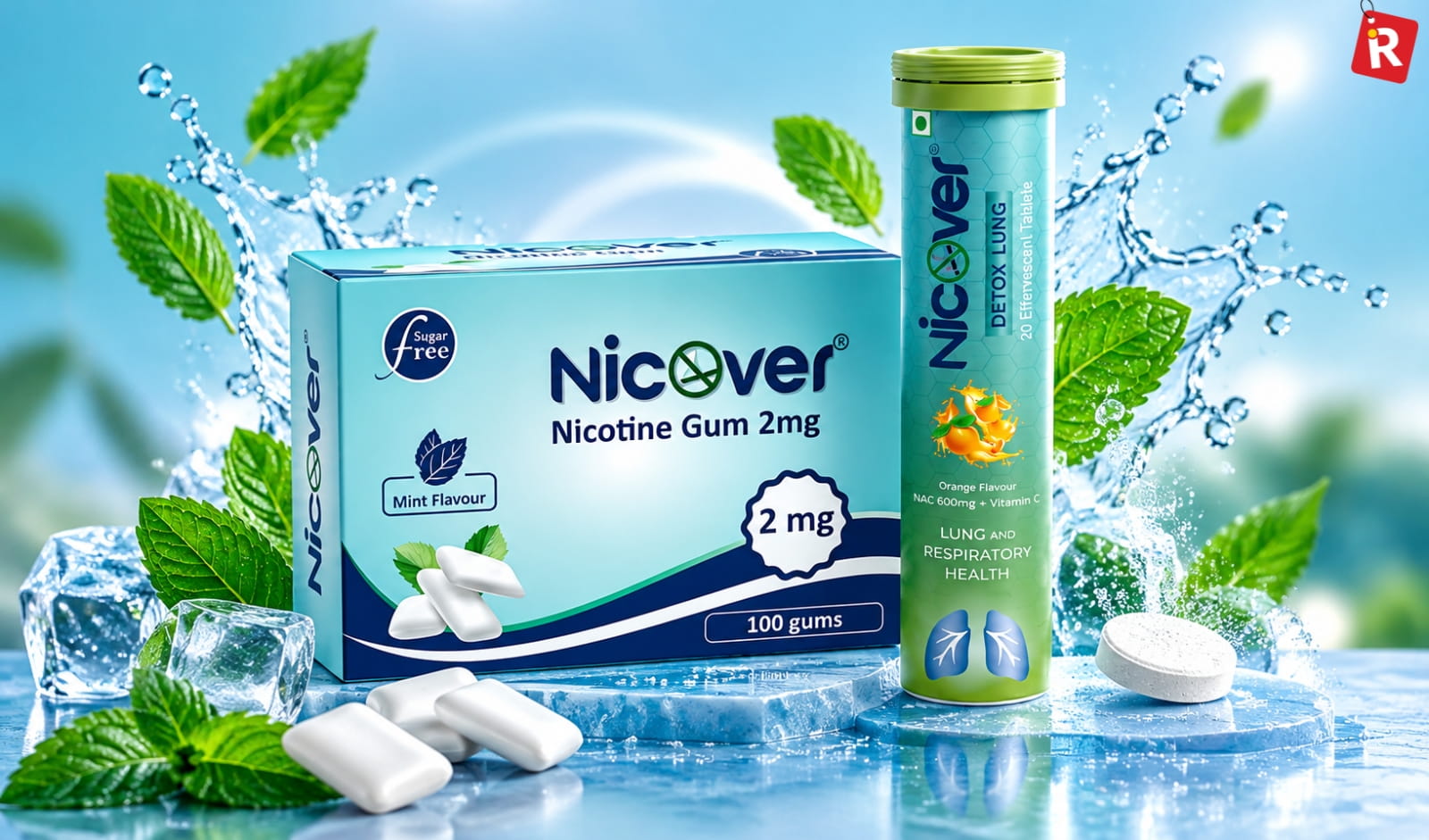Nicover nicotine gum 2mg pack and Detox Lung effervescent tablet tube