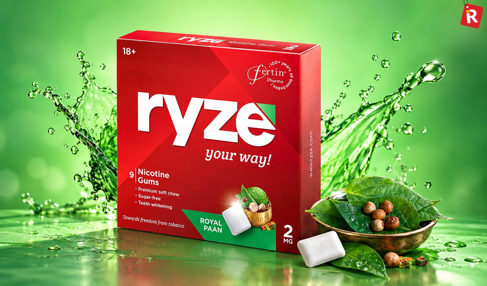 Ryze nicotine gum Royal Paan flavour pack with paan leaves and gum pieces